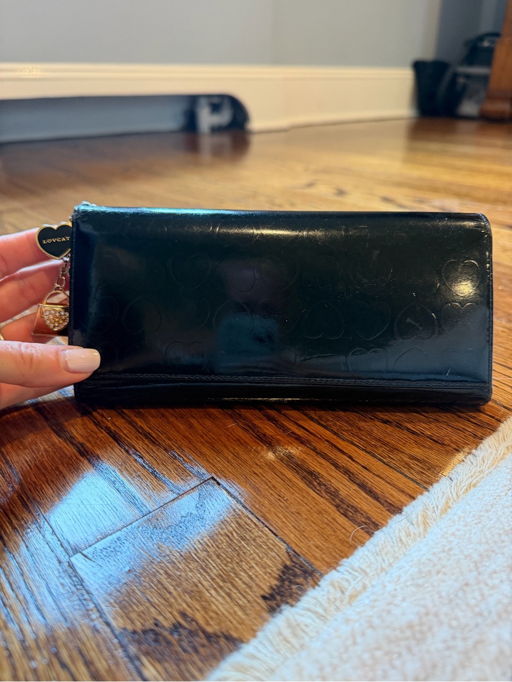 Lovcat Paris Black Patent Embossed Heart Trifold Wallet with Charm